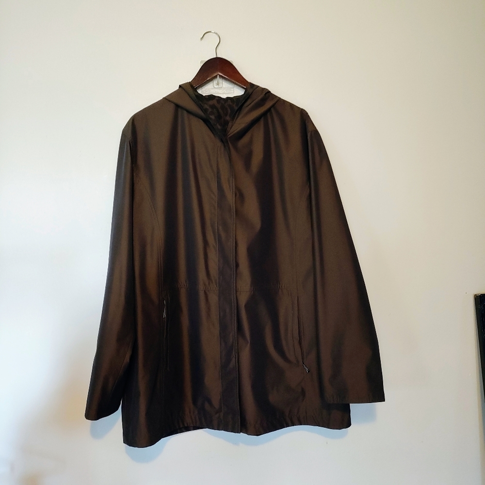 PORTRAIT WOMEN'S LEOPARD PRINT/METALLIC BROWN ANORAK COAT SIZE XLARGE